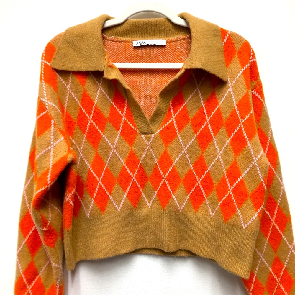 Zara Alpaca Wool Blend Argyle Crop Sweater Medium Tan Orange Stretch Cozy Fall - Picture 1 of 8
